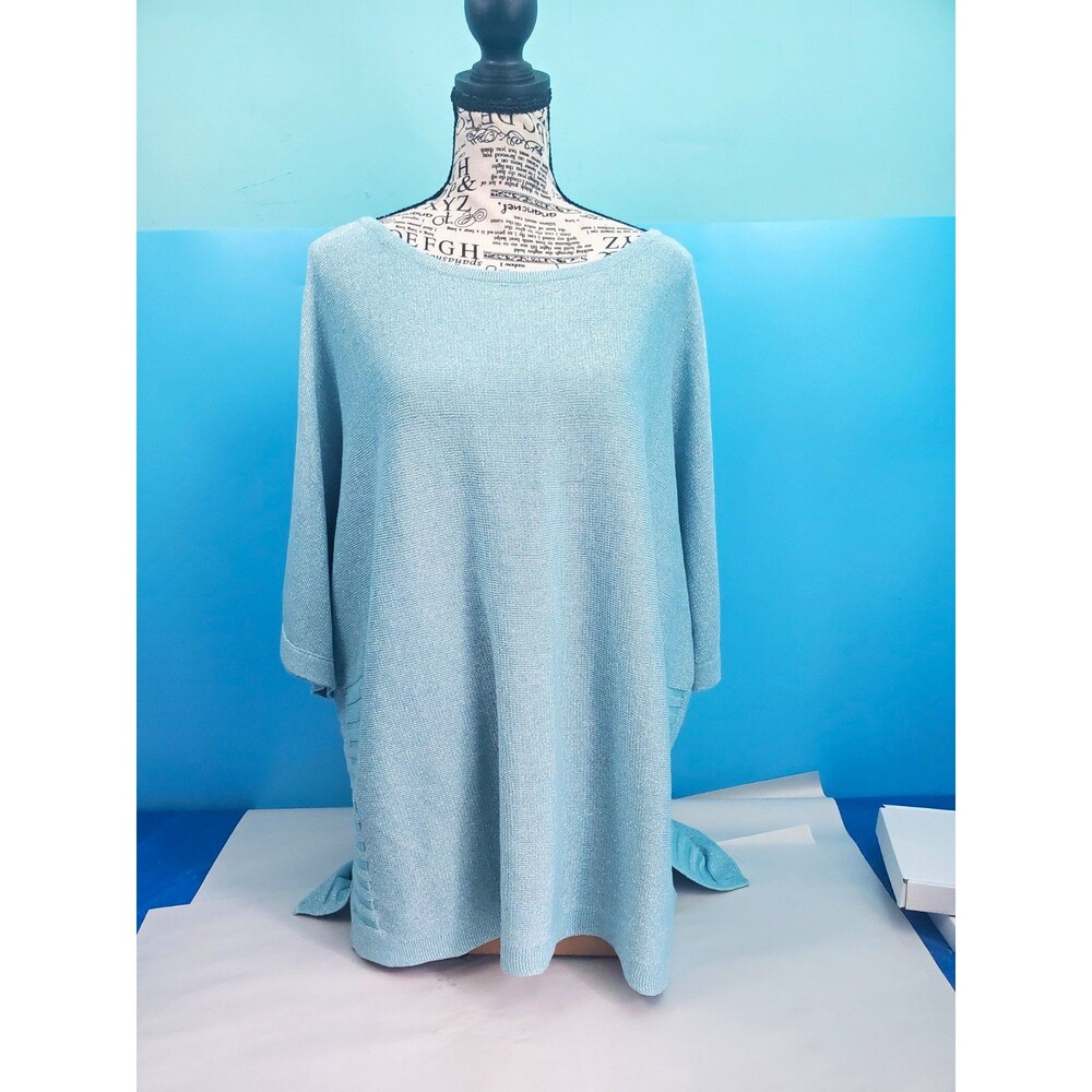 Chico's Size 3 XL Blue Knit Poncho Sweater Tunic Oversized Relaxed Side Slit 3/4